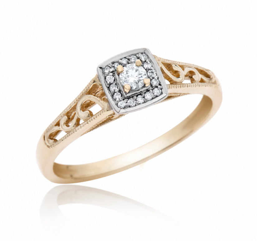 טבעת אירוסין, 14K זהב צהוב/לבן, משובצת 0.14 קראט יהלומים