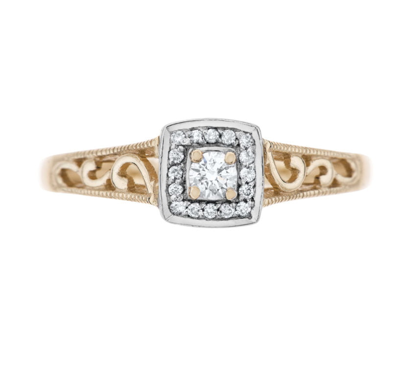 טבעת אירוסין, 14K זהב צהוב/לבן, משובצת 0.14 קראט יהלומים