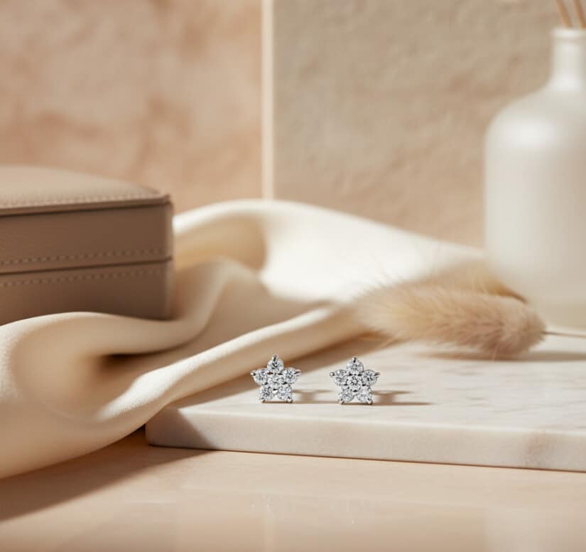 עגילי יהלומים פרח , זהב 14k, משובצים 0.13 קרט יהלומים, דגם ED2038F