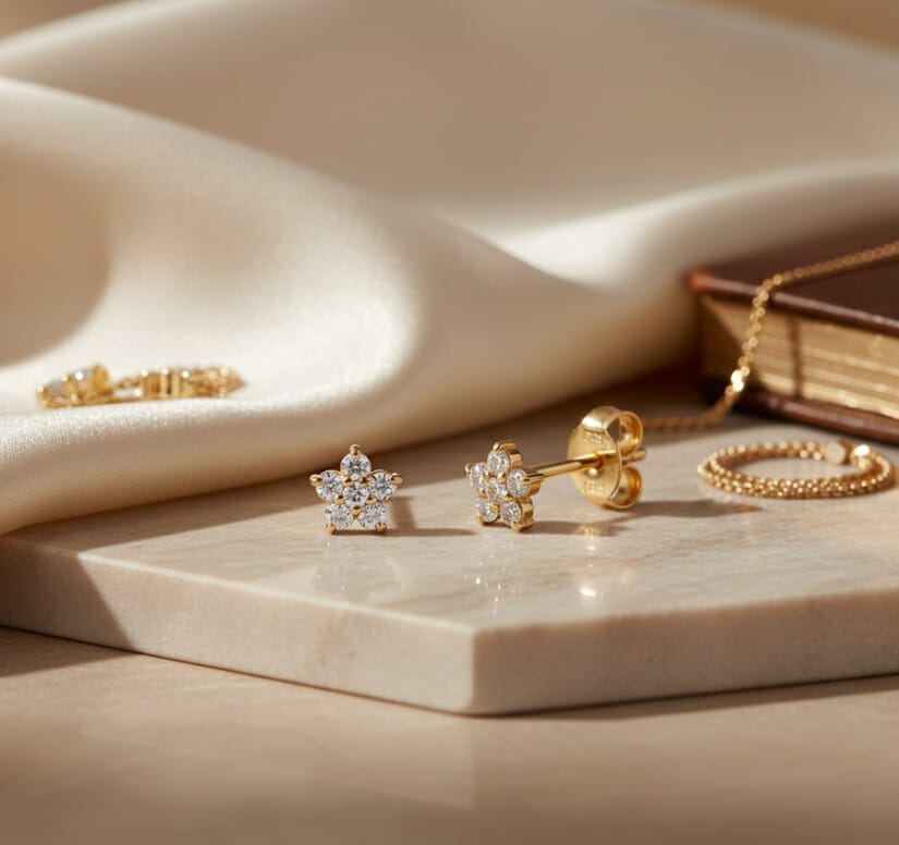 עגילי יהלומים פרח , זהב 14k, משובצים 0.13 קרט יהלומים, דגם ED2038F