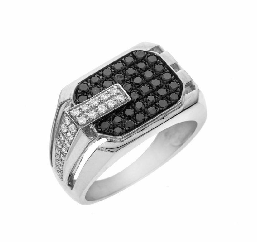 טבעת חותם יהלומים שחורים ולבנים לגבר, זהב 14 קרט, דגם RD2721