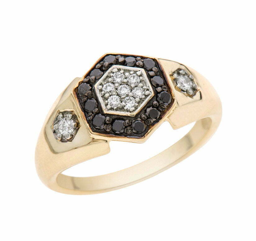טבעת חותם יהלומים שחורים ולבנים לגבר, זהב 14 קרט, דגם RD2747