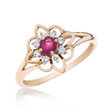 טבעת אבני חן רובי בעיצוב פרח, 14K זהב, משובצת 0.14 קראט יהלומים, דגם RD3306RU