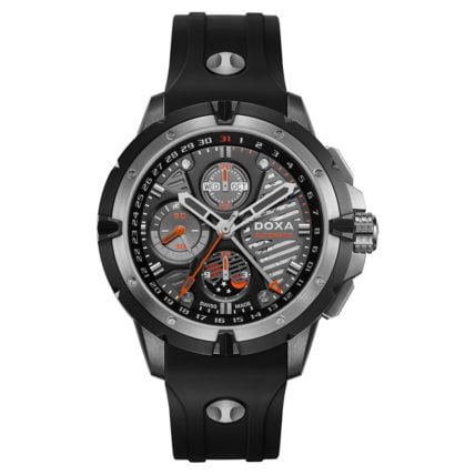 שעון Doxa יוקרתי לגבר מקולקציית Trofeo T-Master עם רצועת גומי בצבע שחור ולוח שחור, רב תפקודי. מהדורה מוגבלת