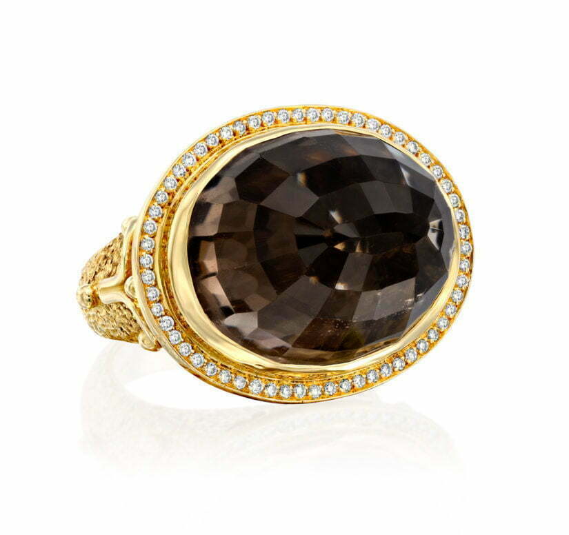 טבעת אבן סמוקי קוורץ ויהלומים, זהב 18k, משובצת 0.36 קראט יהלומים, דגם RD743