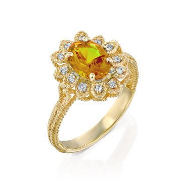 טבעת אבן סיטרין ויהלומים בצורת פרח, זהב 14K, דגם RD2803