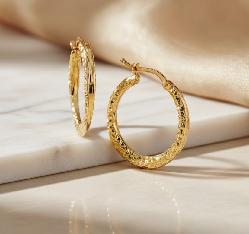 עגילי חישוק מעוצבים, זהב צהוב 14K, קוטר 20 מ