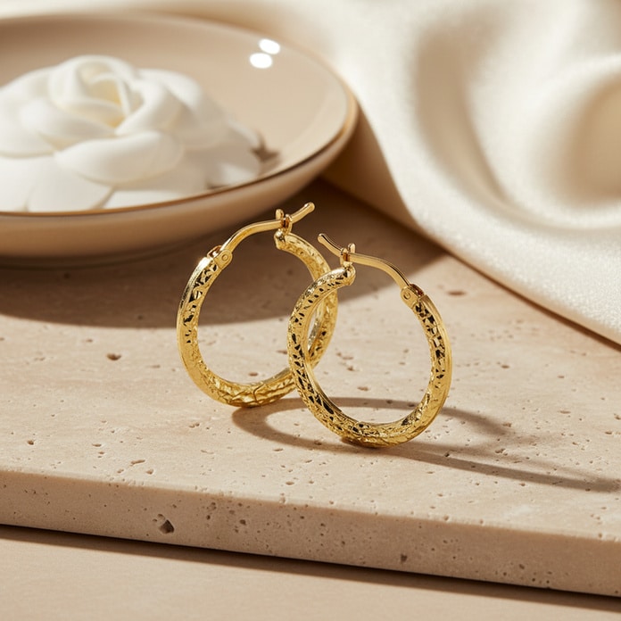 עגילי חישוק מעוצבים, זהב צהוב 14K, קוטר 30 מ