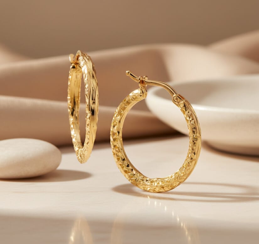 עגילי חישוק מעוצבים, זהב צהוב 14K, קוטר 30 מ