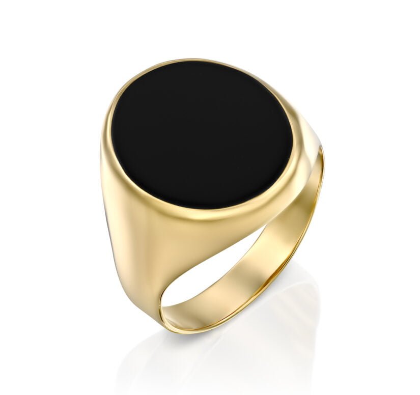 טבעת חותם לגבר עם אבן אוניקס שחור, 14K זהב, דגם R277-266358