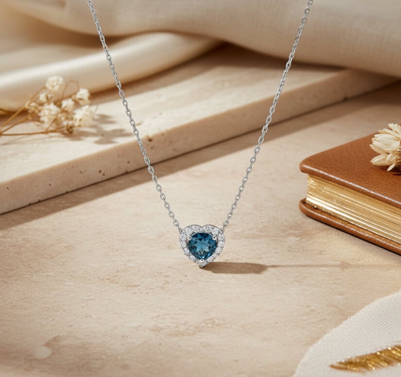 שרשרת בצורת לב עם אבן בלו טופז ויהלומים, זהב 14K, דגם CD3650BT