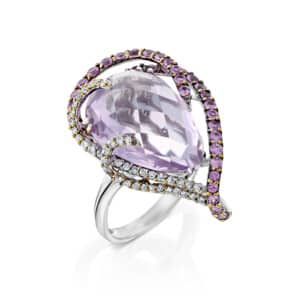 טבעת אבן אמטיסט, ספירים ויהלומים, 14K זהב, דגם SR024426WB