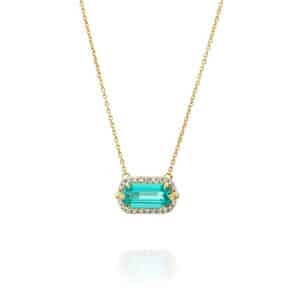 שרשרת ותליון אבן פראיבה מעבדה ויהלומים טבעיים, זהב 14k, משובץ 0.12 קראט יהלומים, דגם CDSPF25244PRB