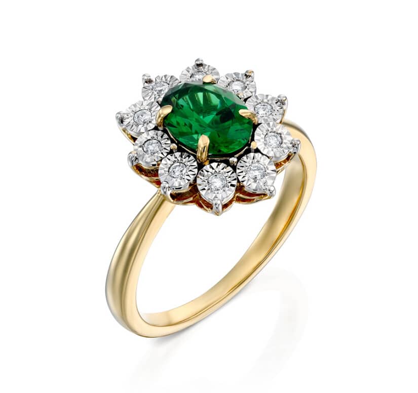 טבעת אמרלד סינטטי ויהלומים, זהב 14K, משובצת 0.10 קראט יהלומים, דגם RDSRF32379EMS
