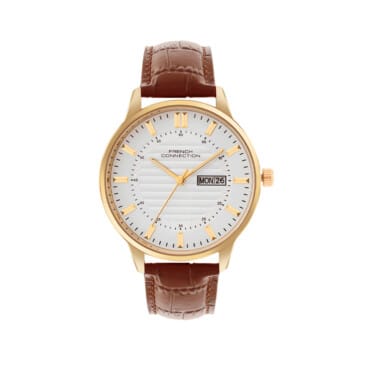 שעון לגבר מבית FRENCH CONNECTION עם לוח עגול כסוף במרקם וטקסטורה ורצועת עור חומה, דגם FCN0123SBRL