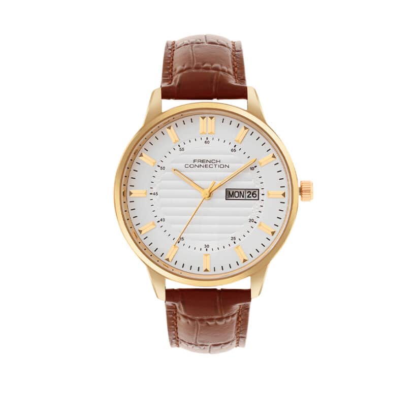 שעון לגבר מבית FRENCH CONNECTION עם לוח עגול כסוף במרקם וטקסטורה ורצועת עור חומה, דגם FCN0123SBRL